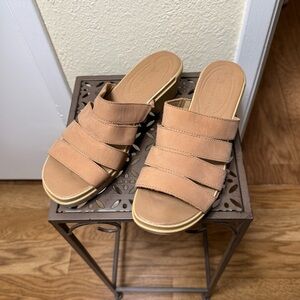 White Mountain Tan Multi-Strap Slide Wedge Mules